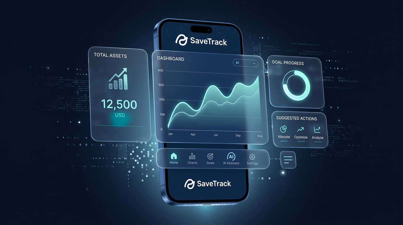 SaveTrack app dashboard showing assets, goal progress and AI suggested actions