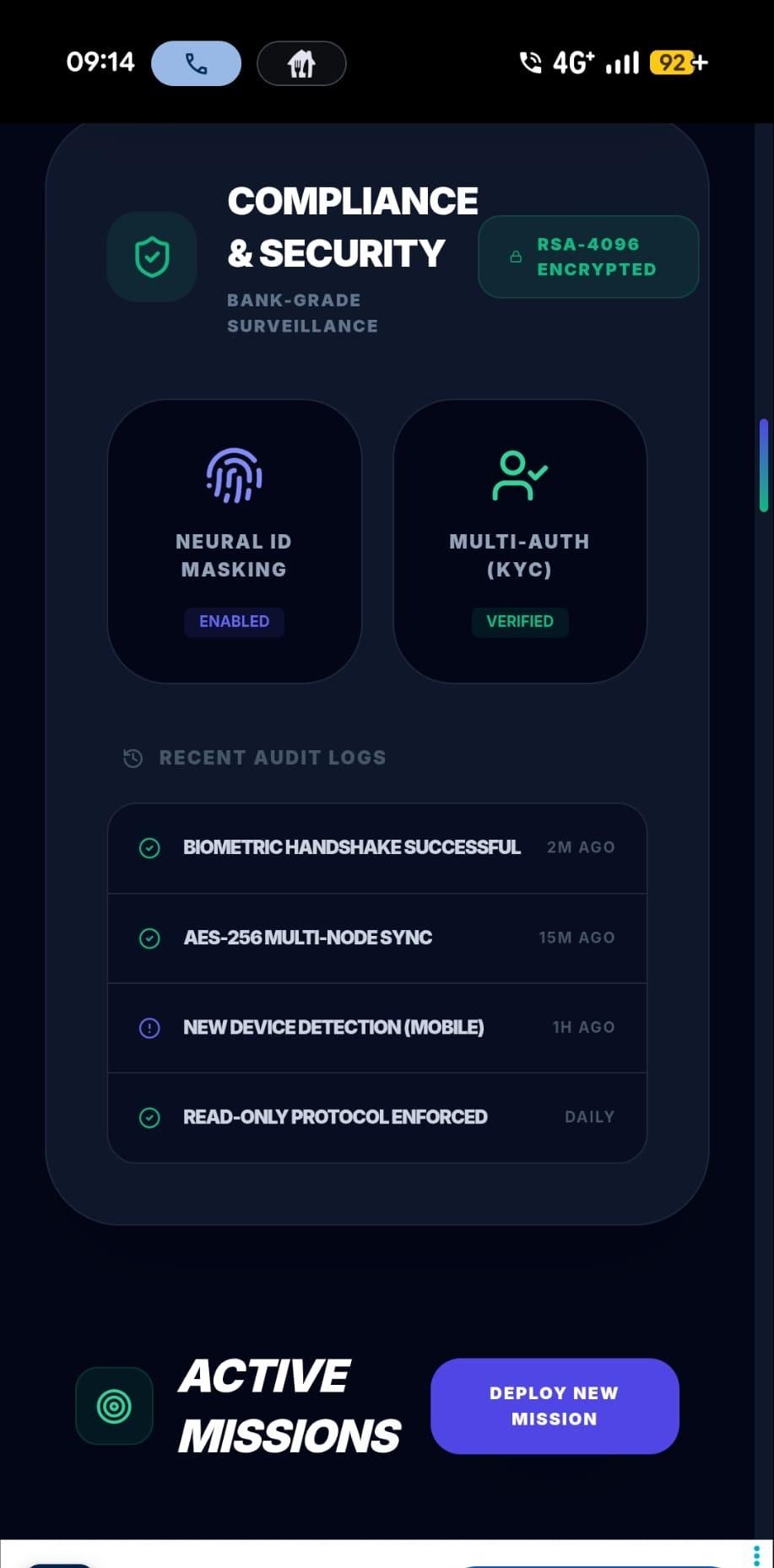 Security and compliance screen