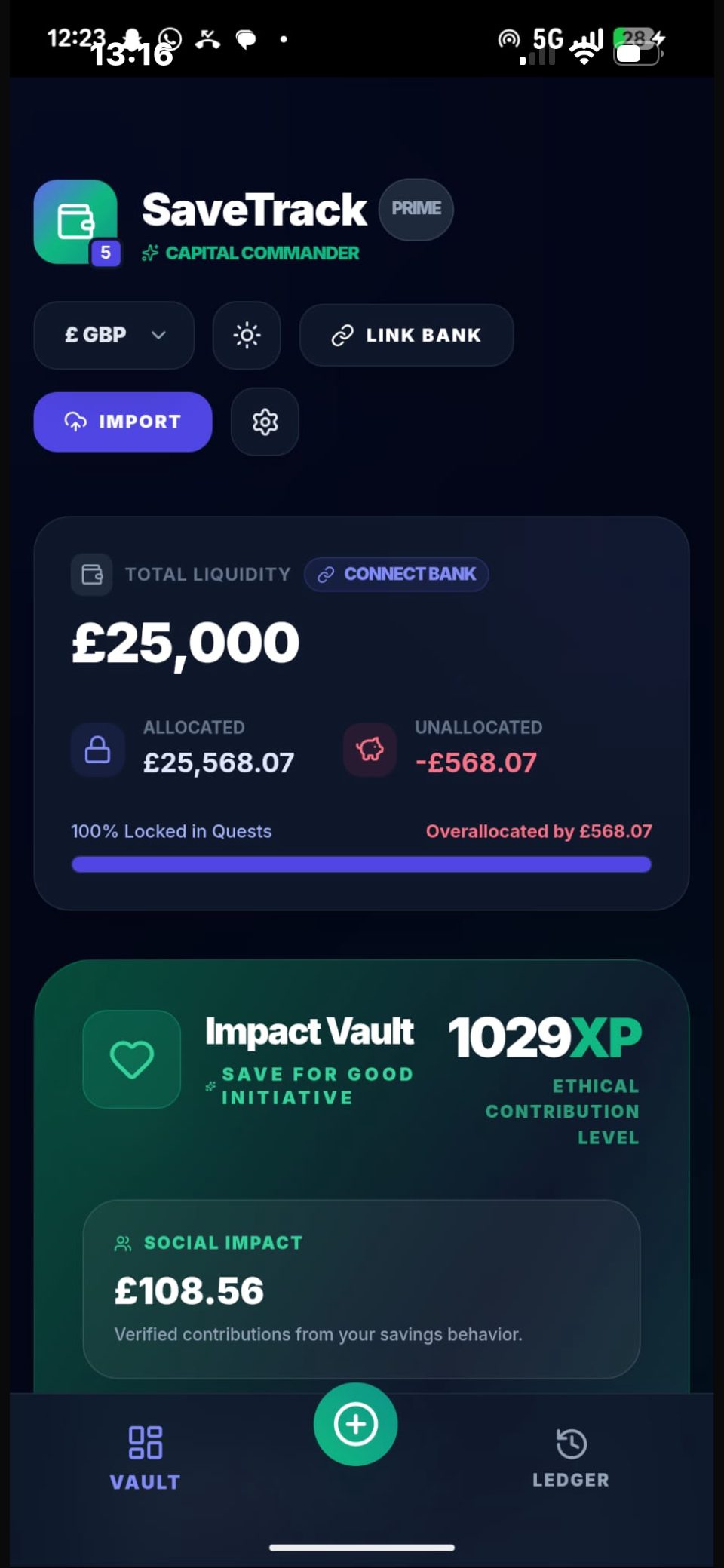 SaveTrack vault overview with total liquidity