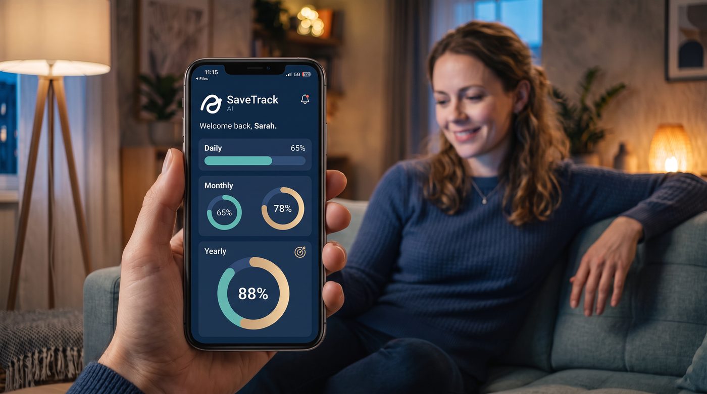 SaveTrack app showing daily, monthly and yearly savings progress